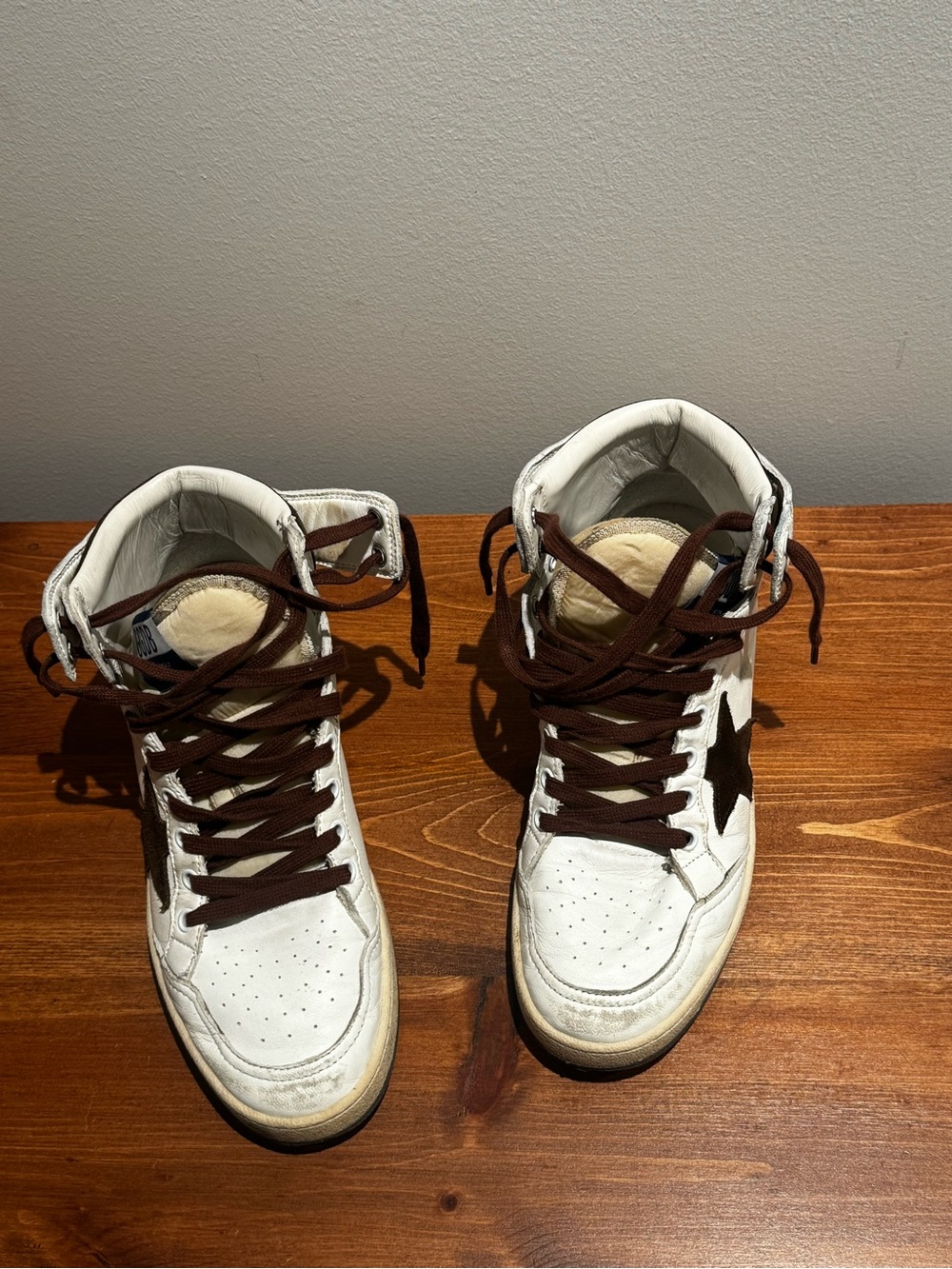 Golden Goose White High-Top Sneakers with Brown Laces and Star